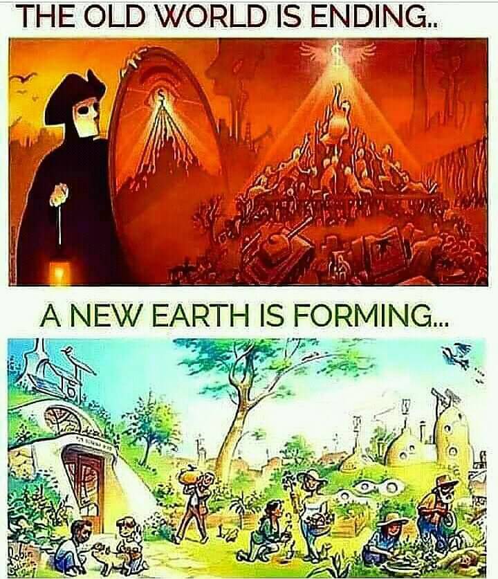 This meme is a humorous comparison between two contrasting images. The top image depicts a medieval-style scene with a monk, a castle, and a crowd of people, with the text "THE OLD WORLD IS ENDING..." above it. The bottom image shows a post-apocalyptic scene with a group of people living in a new, sustainable environment, with the text "A NEW EARTH IS FORMING..." above it. The meme is meant to be humorous and satirical, suggesting that the old world is ending and a new, better world is being formed.
